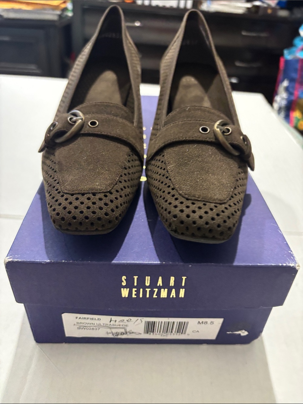 Stuart Weitzman Dark Brown Suede Perforated Loafers with Buckle Size 8.5 m